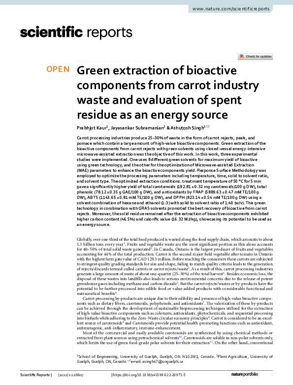 (PDF) Green extraction of bioactive components from carrot industry ...