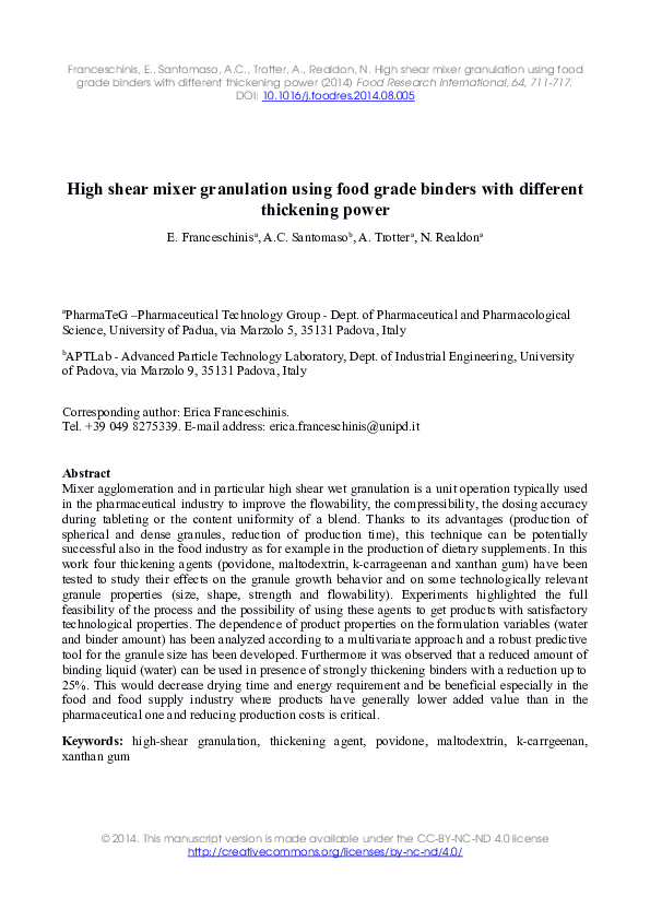 (PDF) High shear mixer granulation using food grade binders with different thickening power