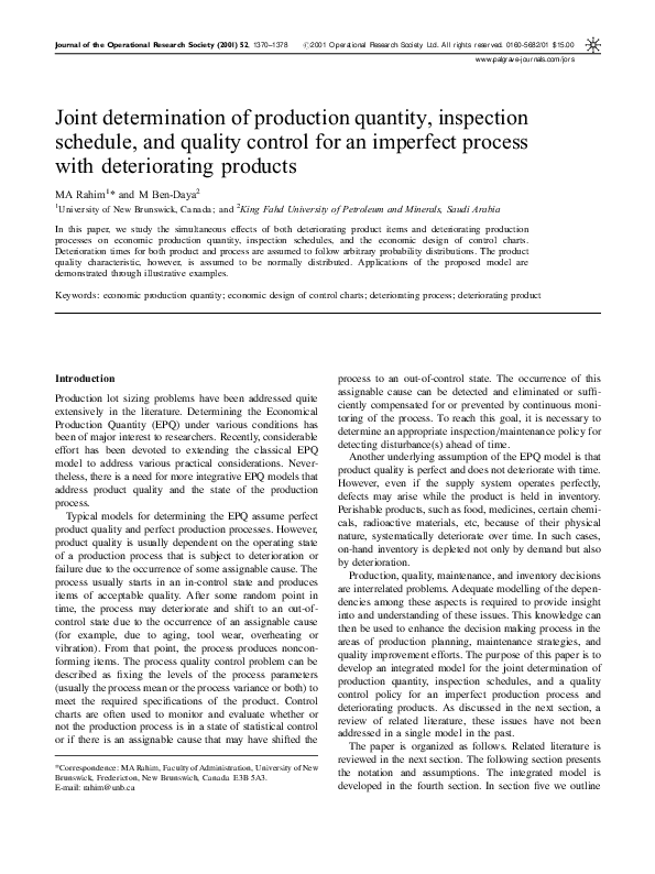 (PDF) Joint Determination of Production Quantity, Inspection Schedule ...