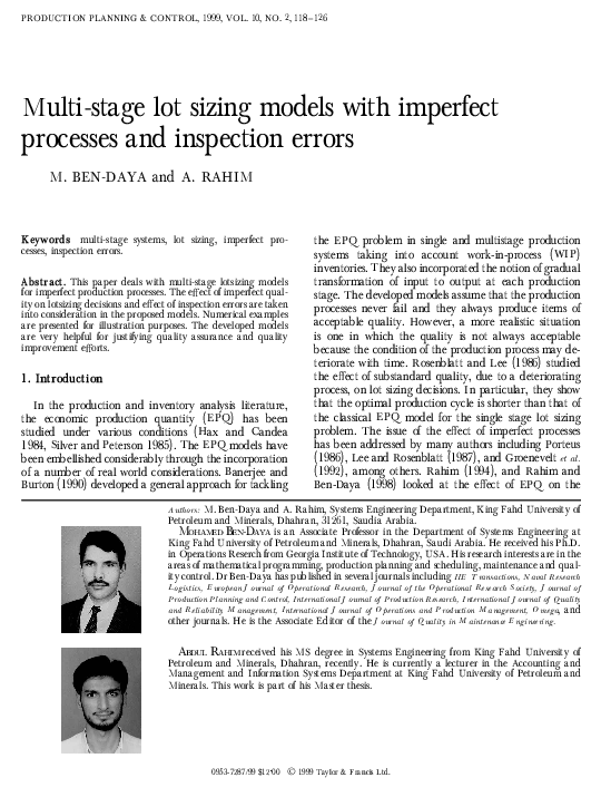 (PDF) Multi-stage lot sizing models with imperfect processes and ...