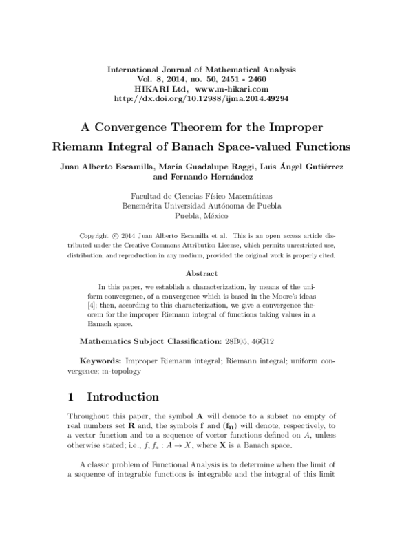 (PDF) A convergence theorem for the improper Riemann integral of Banach ...