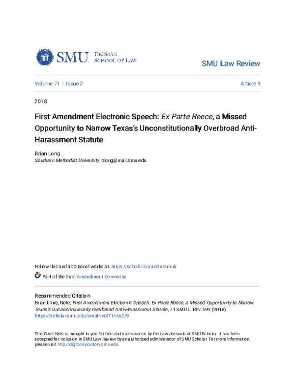 (PDF) First Amendment Electronic Speech: Ex Parte Reece , a Missed ...