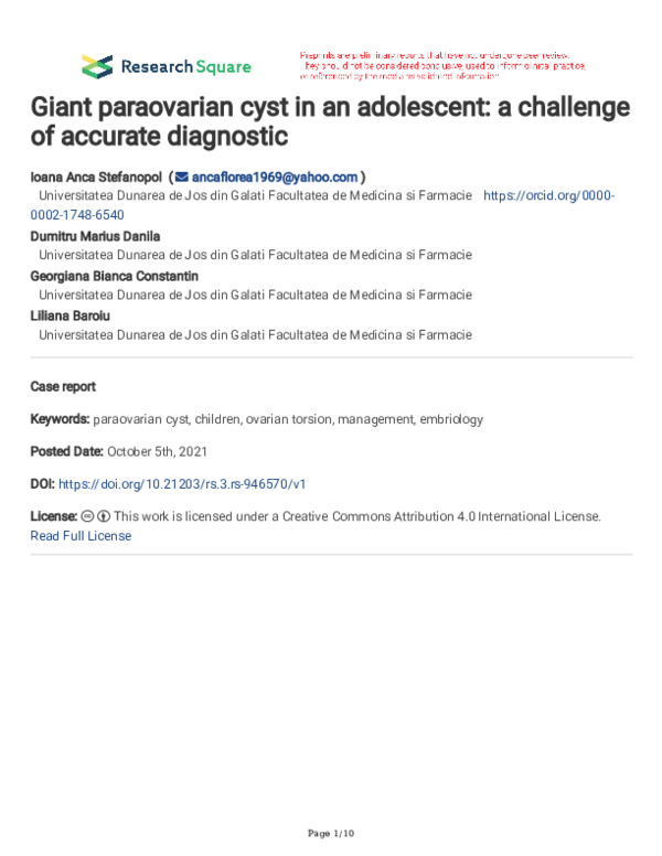 (PDF) Giant paraovarian cyst in an adolescent a challenge of accurate