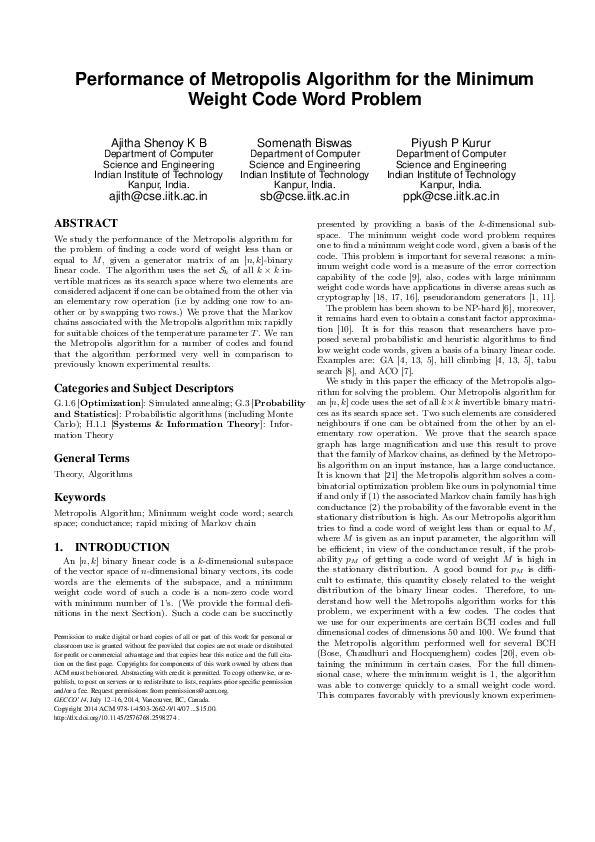 (PDF) Performance of metropolis algorithm for the minimum weight code ...
