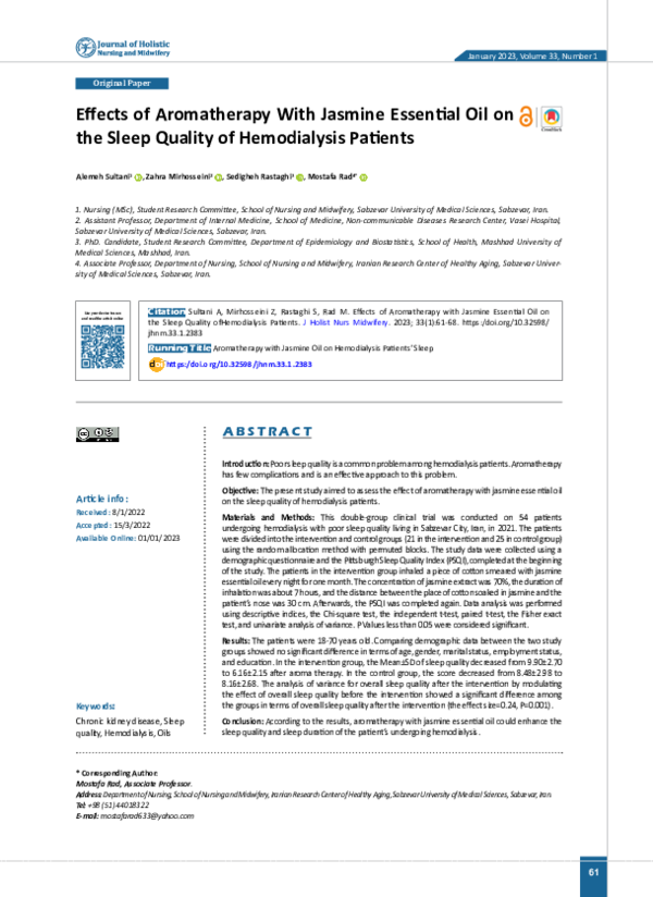 (PDF) Effects of Aromatherapy with Jasmine Essential Oil on the Sleep ...