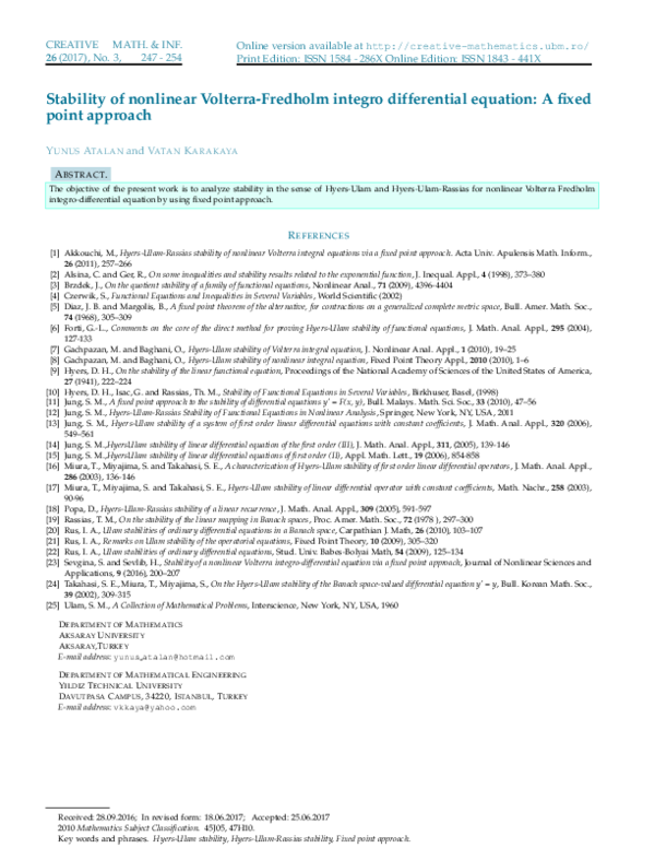 (PDF) Stability of nonlinear Volterra-Fredholm integro differential ...