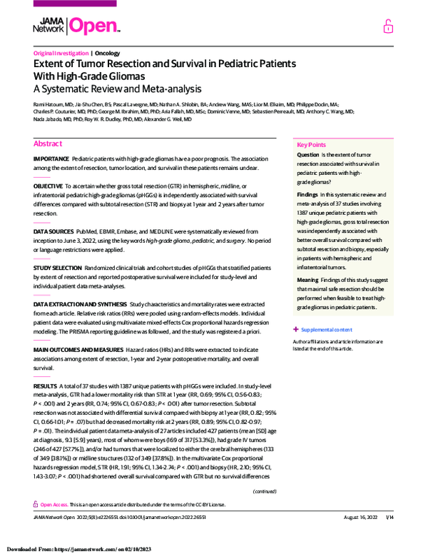 (PDF) Extent of Tumor Resection and Survival in Pediatric Patients With ...