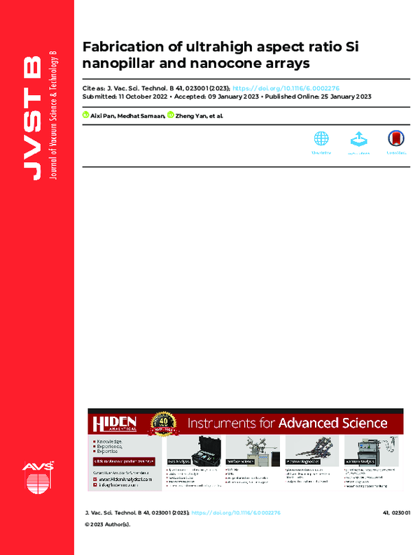 (PDF) Fabrication of ultrahigh aspect ratio Si nanopillar and nanocone ...