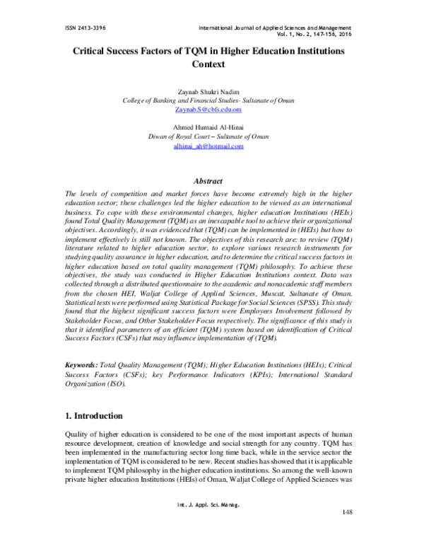 (PDF) Critical Success Factors of TQM in Higher Education Institutions ...