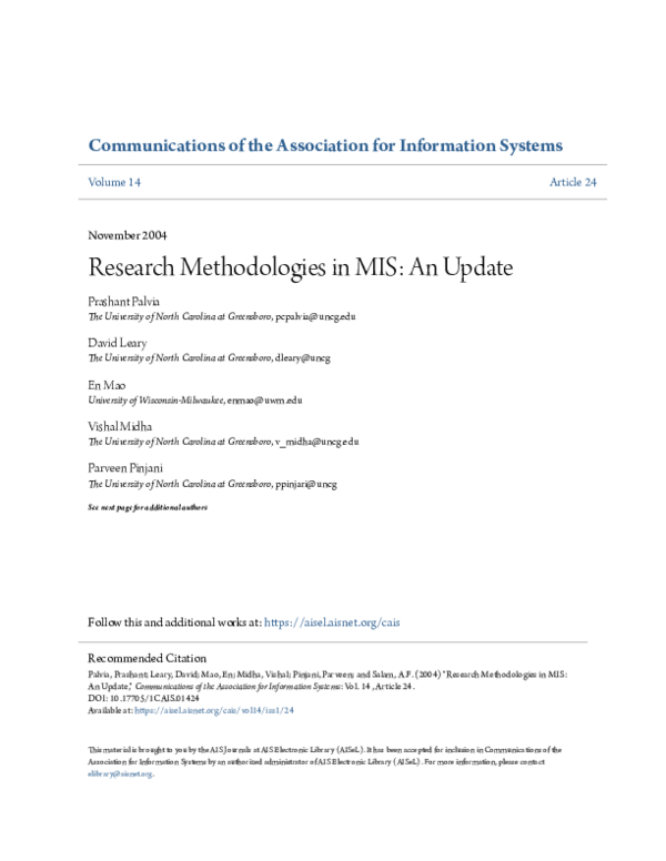 (PDF) Research Methodologies in MIS: An Update