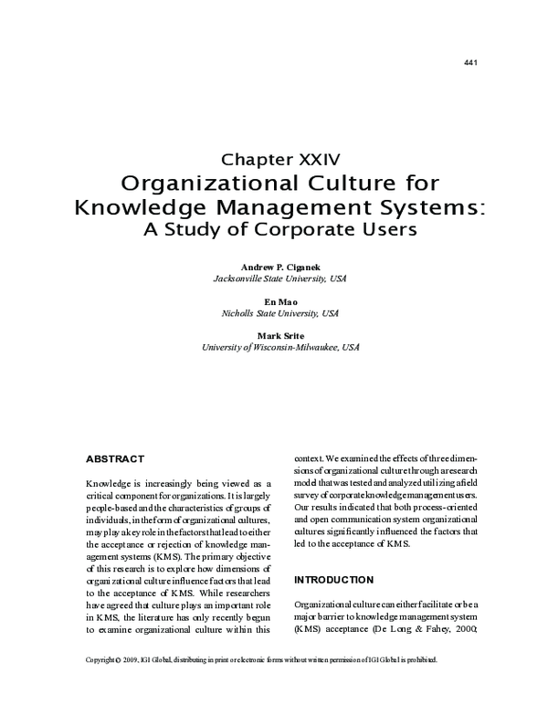 (PDF) Organizational Culture for Knowledge Management Systems