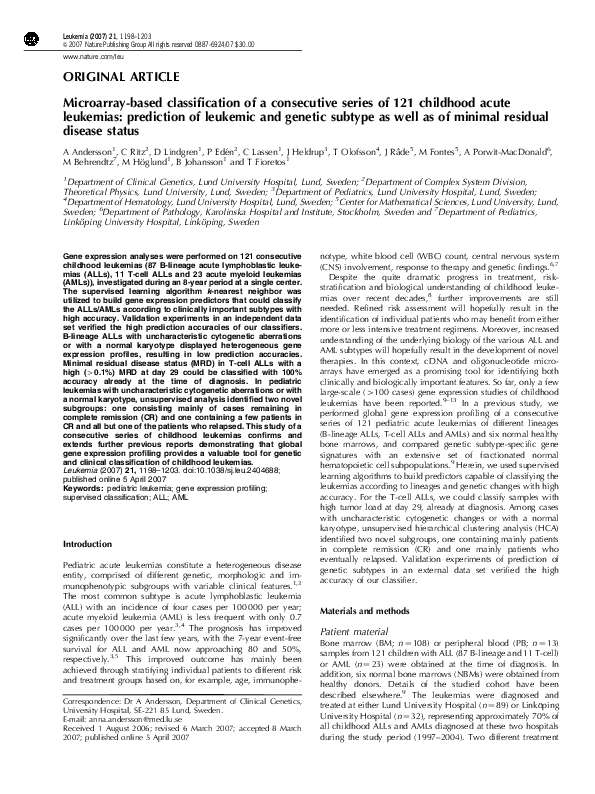 (PDF) Microarraybased classification of a consecutive series of 121