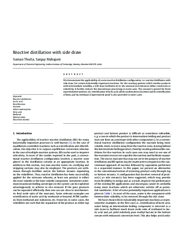 (PDF) Reactive distillation with side draw