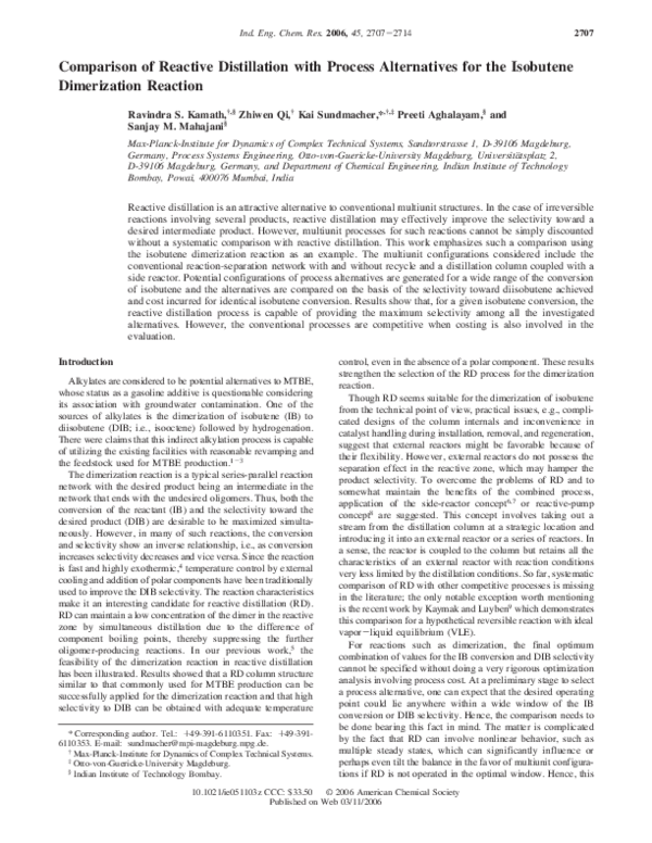 (PDF) Comparison of Reactive Distillation with Process Alternatives for ...