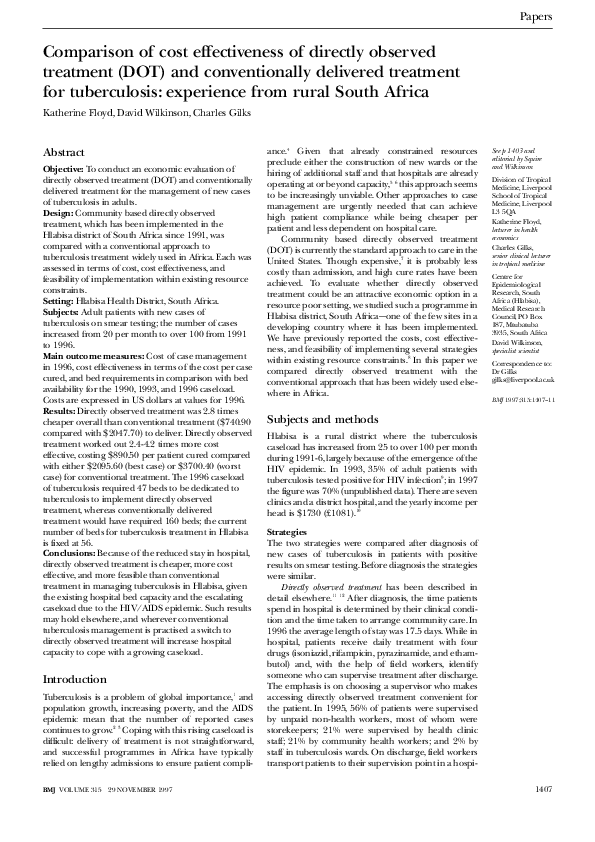 (PDF) Comparison of cost effectiveness of directly observed treatment ...