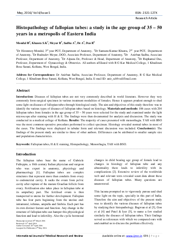 (PDF) Histopathology of fallopian tubes: a study in the age group of 35 ...