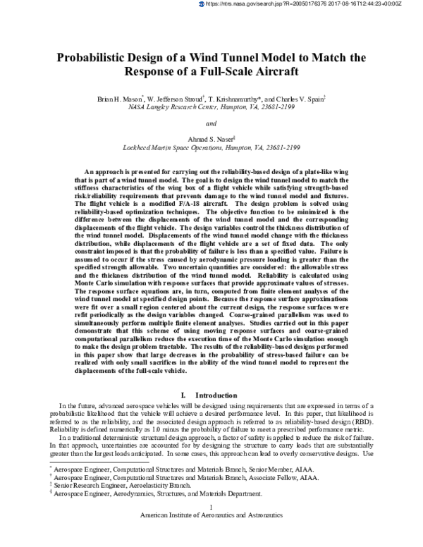(PDF) Probabilistic Design of a Wind Tunnel Model to Match the Response ...