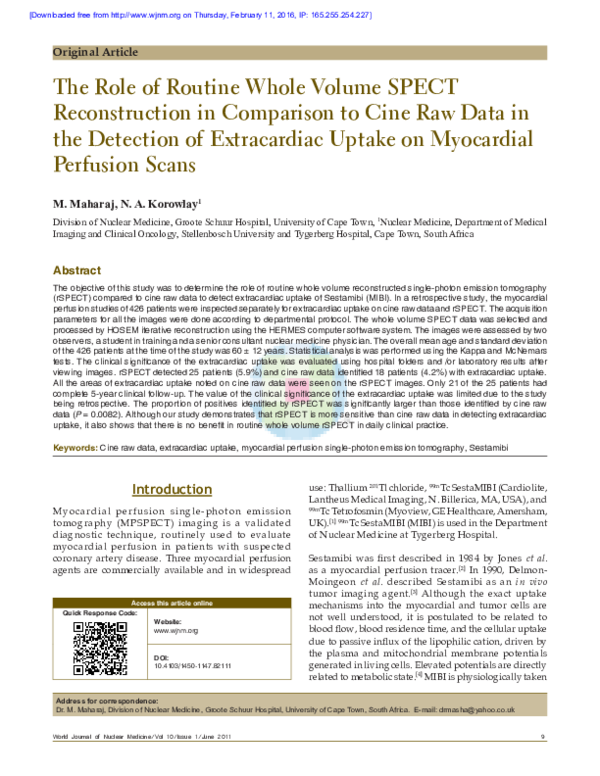 The role of routine whole volume SPECT reconstruction in comparison to cine raw data in the detection of extracardiac uptake on myocardial perfusion scans