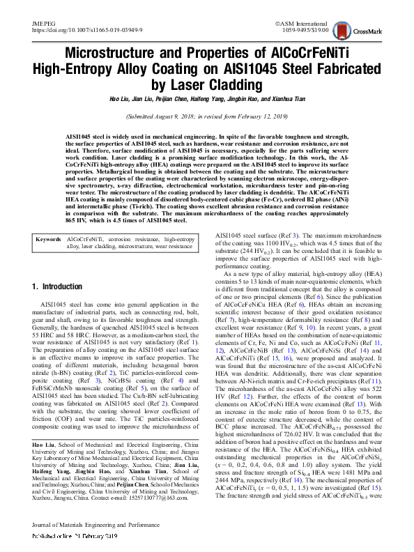 (PDF) Microstructure and Properties of AlCoCrFeNiTi High-Entropy Alloy ...