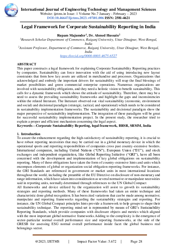 (PDF) Legal Framework for Corporate Sustainability Reporting in India