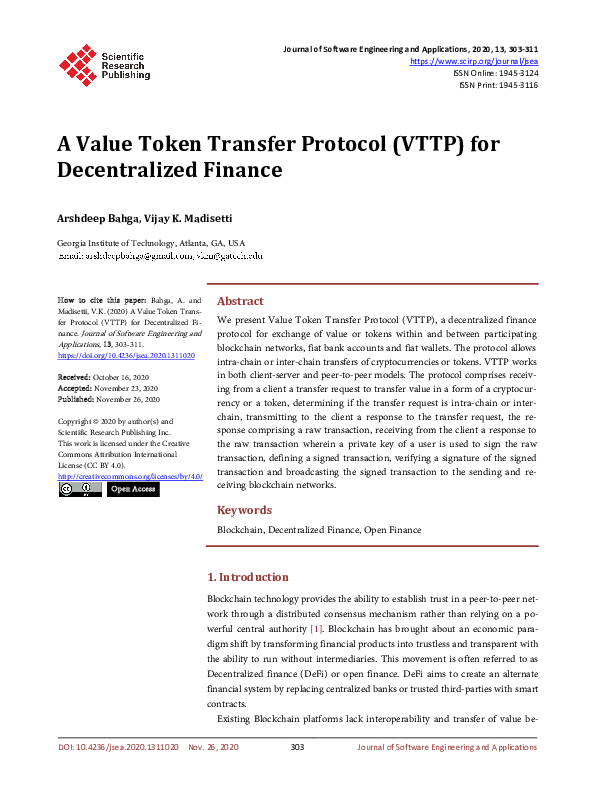 (PDF) A Value Token Transfer Protocol (VTTP) for Decentralized Finance
