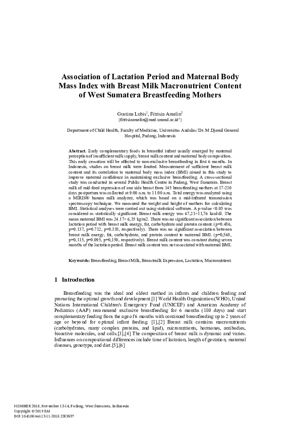 (PDF) Association of Lactation Period and Maternal Body Mass Index with ...