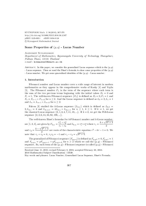 (PDF) Some Properties of (p, q) - Lucas Number