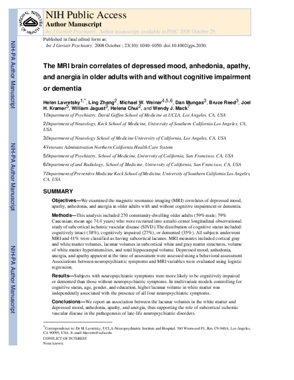 (PDF) The MRI brain correlates of depressed mood, anhedonia, apathy ...
