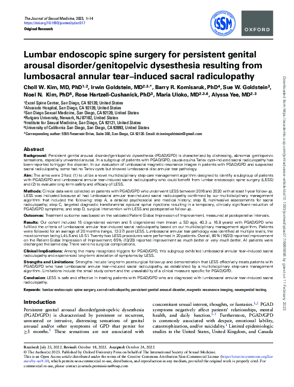 (PDF) Lumbar endoscopic spine surgery for persistent genital arousal