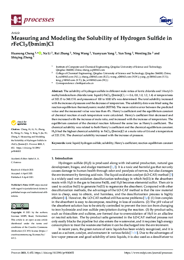 (PDF) Measuring and Modeling the Solubility of Hydrogen Sulfide in ...