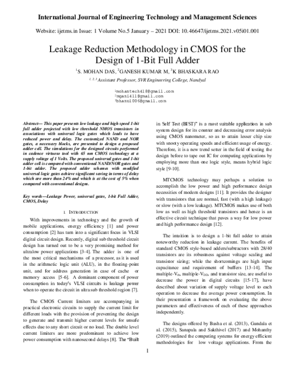 (PDF) Leakage Reduction Methodology in CMOS for the Design of 1-Bit ...