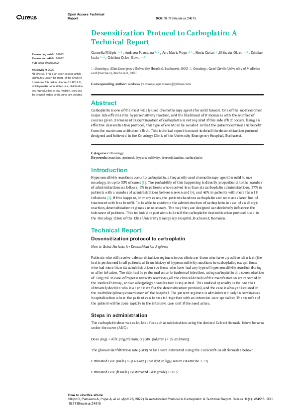 (PDF) Desensitization Protocol to Carboplatin: A Technical Report