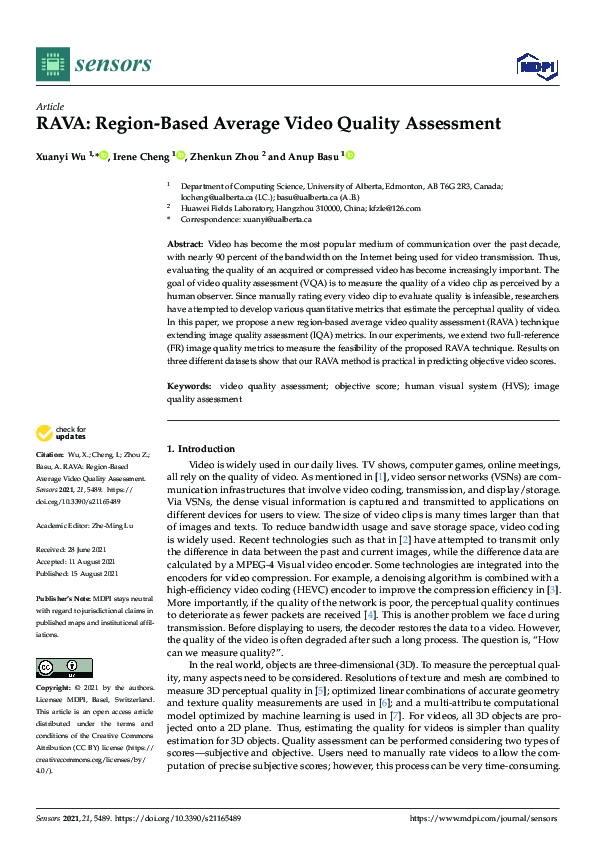 (PDF) RAVA: Region-Based Average Video Quality Assessment