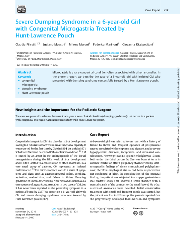 (PDF) Severe Dumping Syndrome in a 6-year-old Girl with Congenital ...