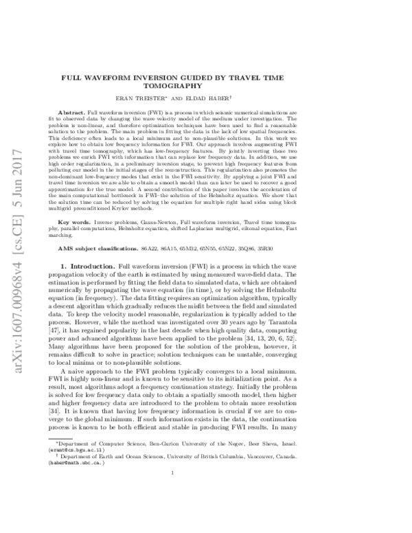 (PDF) Full Waveform Inversion Guided by Travel Time Tomography