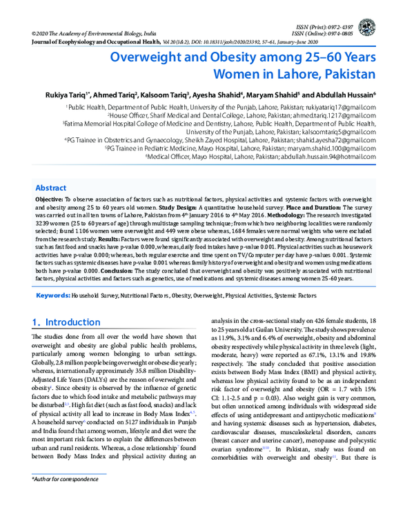 (PDF) Overweight and Obesity among 25 60 Years Women in Lahore, Pakistan