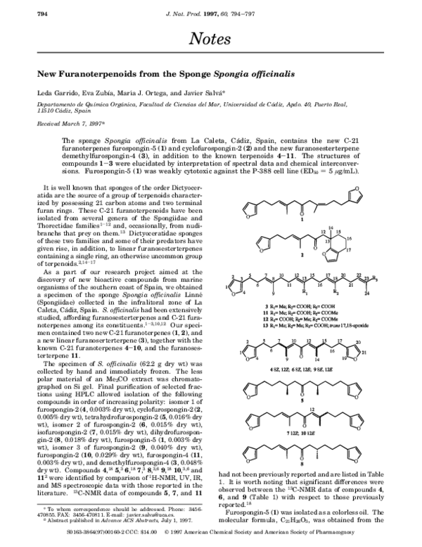 (PDF) New Furanoterpenoids from the Sponge Spongia officinalis