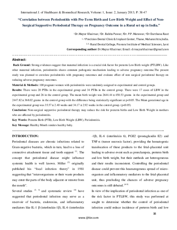 (PDF) Correlation between Periodontitis with Pre-Term Birth and Low ...