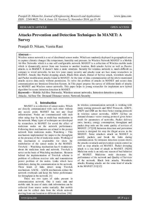 (PDF) Attacks Prevention and Detection Techniques In MANET: A Survey