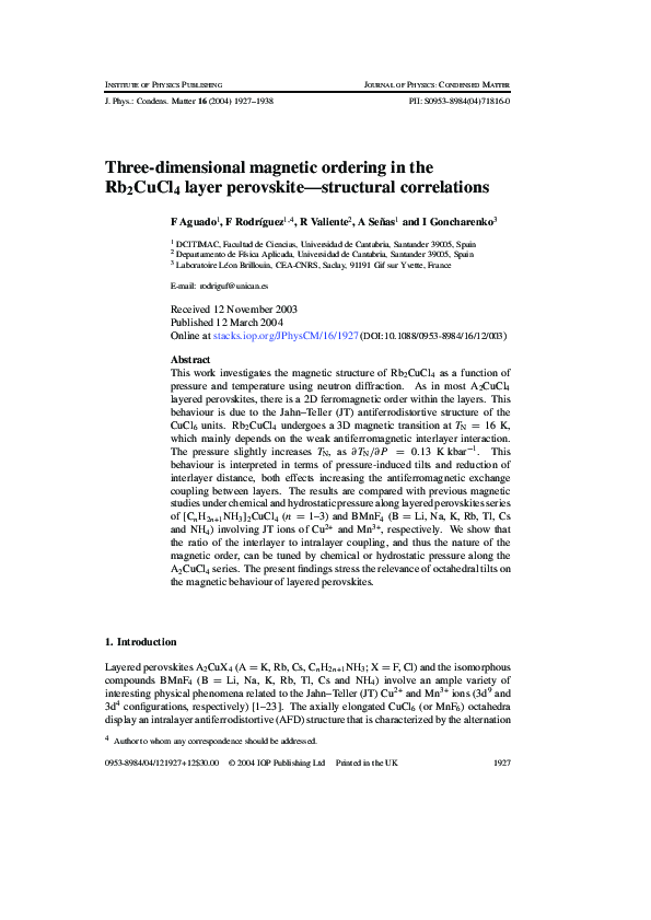 (PDF) Three-dimensional magnetic ordering in the Rb2CuCl4layer ...