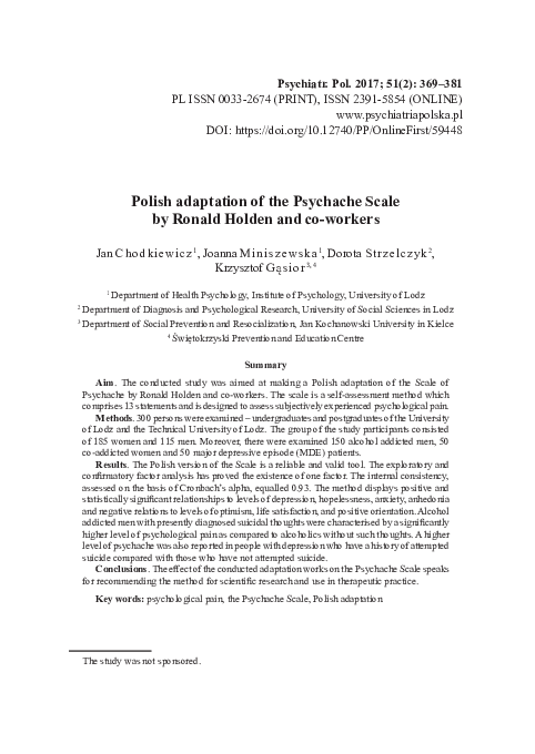 (PDF) Polish Adaptation of the Psychache Scale by Ronald Holden and Co ...