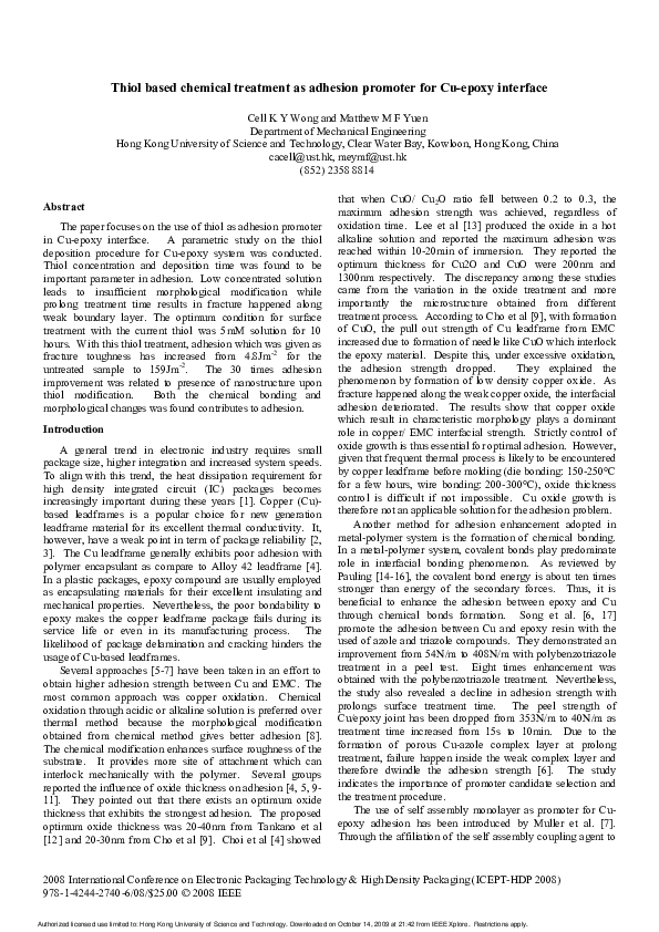 (PDF) Thiol based chemical treatment as adhesion promoter for Cuepoxy