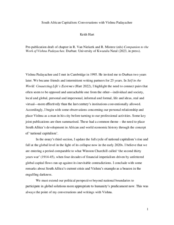 (PDF) South African Capitalism: Conversations with Vishnu Padayachee