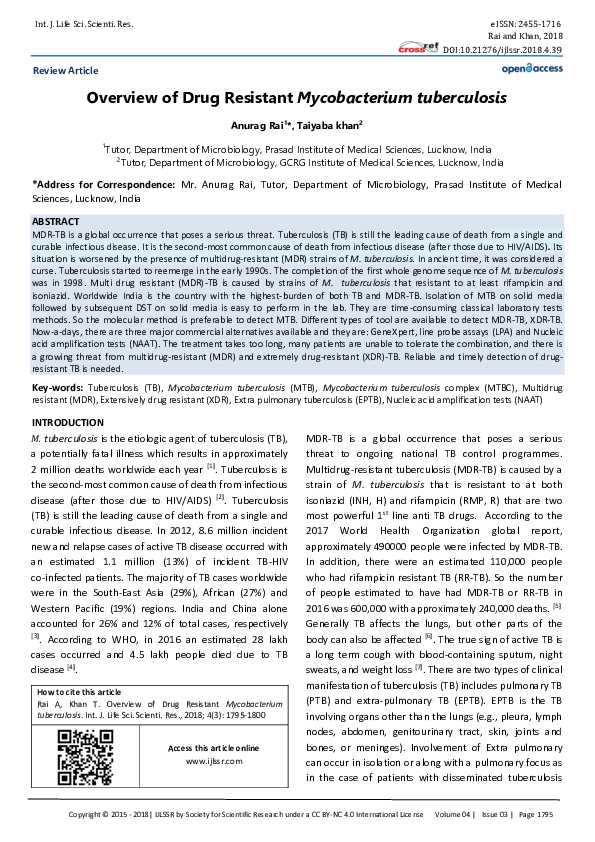 (PDF) Overview of Drug Resistant Mycobacterium tuberculosis