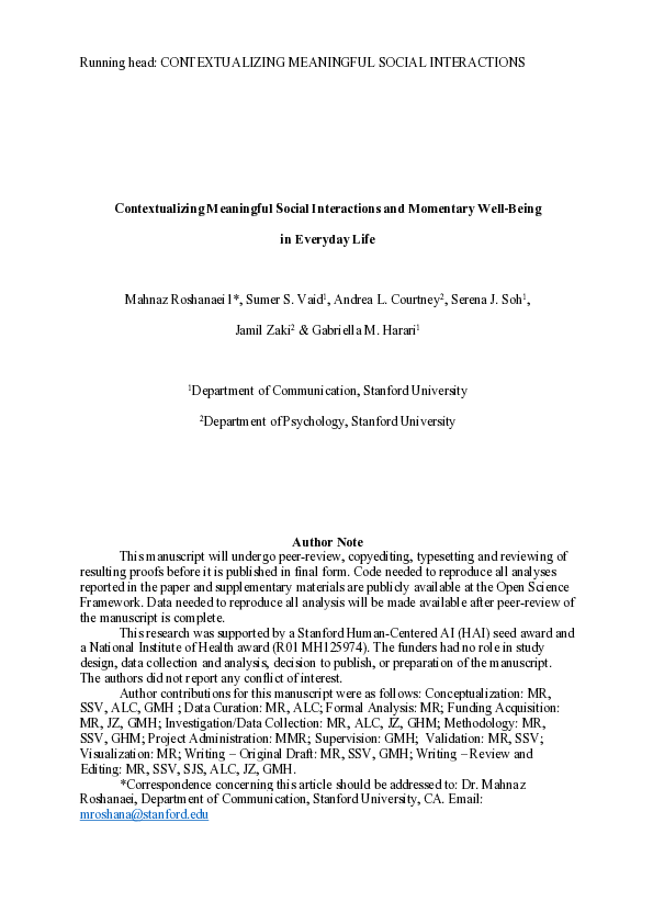 (PDF) Contextualizing Meaningful Social Interactions and Momentary Well ...