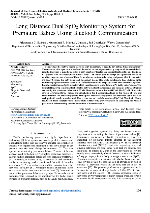(PDF) Long Distance Dual SpO2 Monitoring in Premature Babies Via