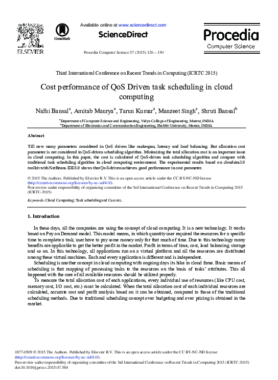 (PDF) Cost performance of QoS Driven task scheduling in cloud computing