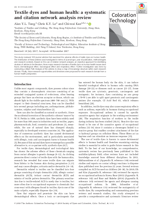 (PDF) Textile dyes and human health a systematic and citation network