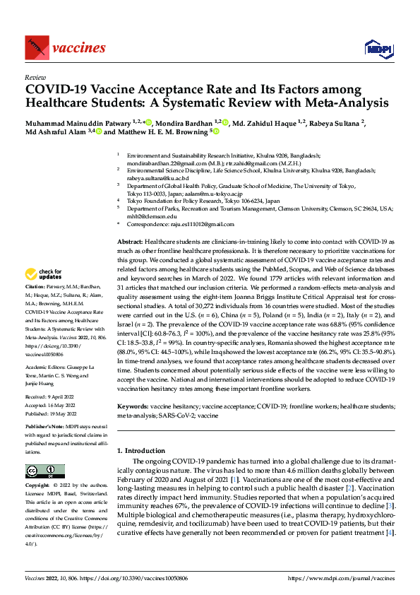 (PDF) COVID-19 Vaccine Acceptance Rate and Its Factors among Healthcare ...