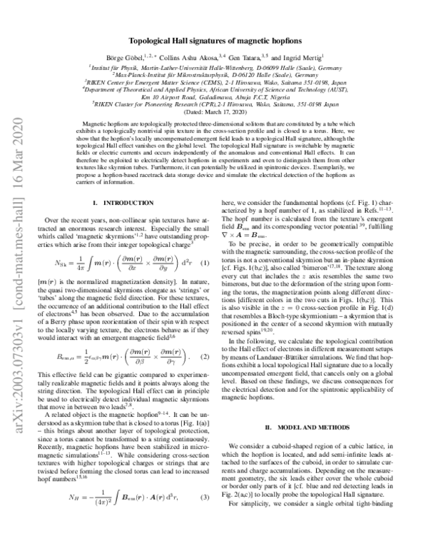 (PDF) Topological Hall signatures of magnetic hopfions